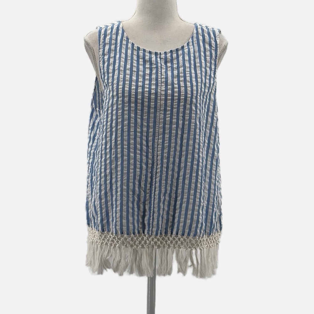 Roller Rabbit Tianna Cotton Sleeveless Seersucker Fringed Top in Blue - Medium